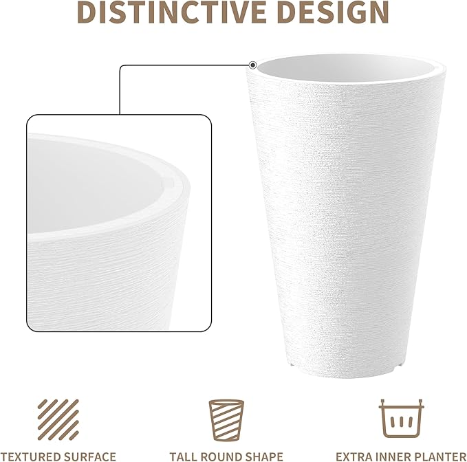 Kante Tall Round Planter Set of 2, 13 Inch Tall Decorative Planter Pots for Outdoor Indoor Garden Patio Front Porch (White)