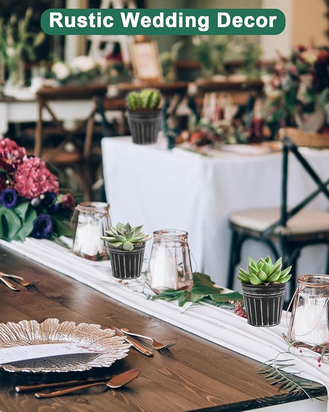 vensovo 4 Inches Black Metal Rustic Flower Pots - 6 Pcs Small Galvanized Planters with Drainage Hole and Rubber Plug, Rustproof Tin Bucket Plant Pot Farmhouse Vintage Style for Decor