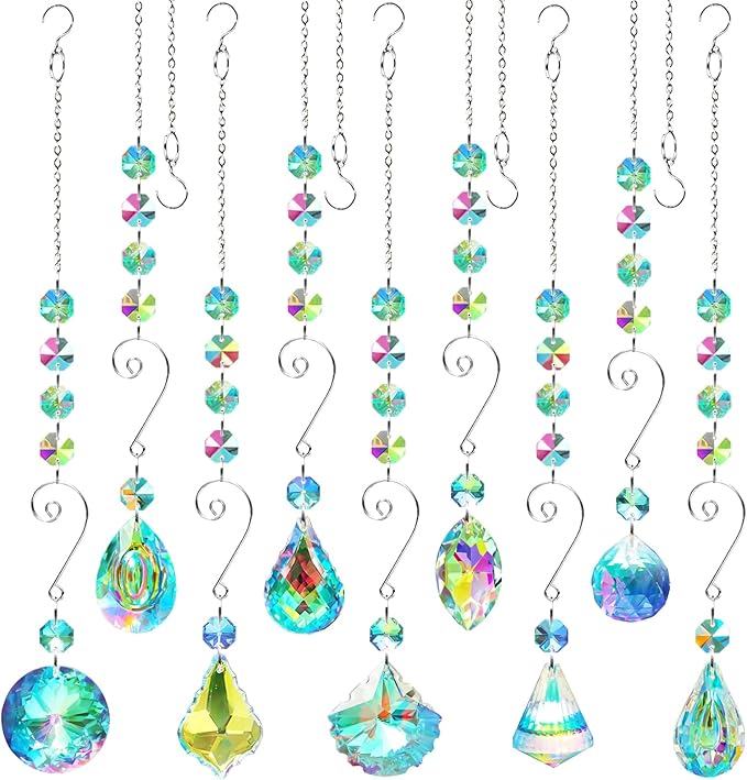 9 Pieces Sun Catchers Indoor Window Suncatcher Crystals Prisms with Chain Pendant Colorful Hanging Ornaments for Windows Chandelier Office Home Garden Decor