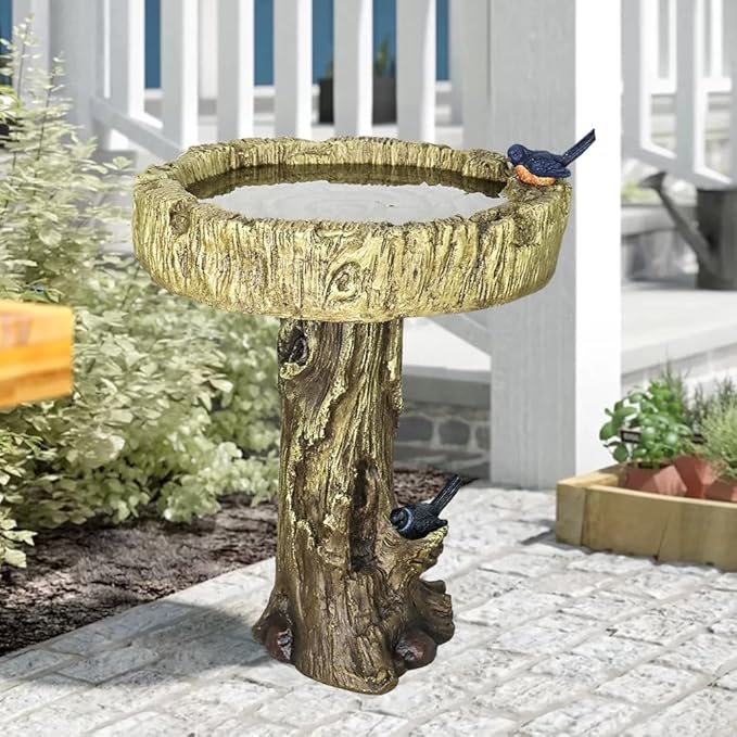 SKYFIRE 24.4” H Fibre Reinforced Concrete Outdoor Garden Bird Bath with Birds, Woodland Tree Trunk Decoration Yard Statue,Pedestal Birdbaths for Outdoors, Garden, Patio, Lawn, Backyard