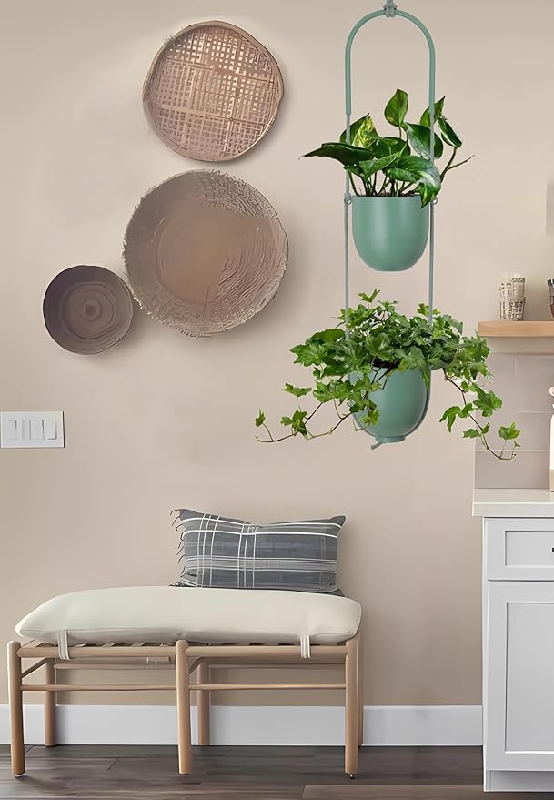 Metal Hanging Planters 2 Tiers Indoor Outdoor Modern Plant Hangers Wall Ceiling Hanging Flower Pots Baskets Kitchen Room Decor(Green)