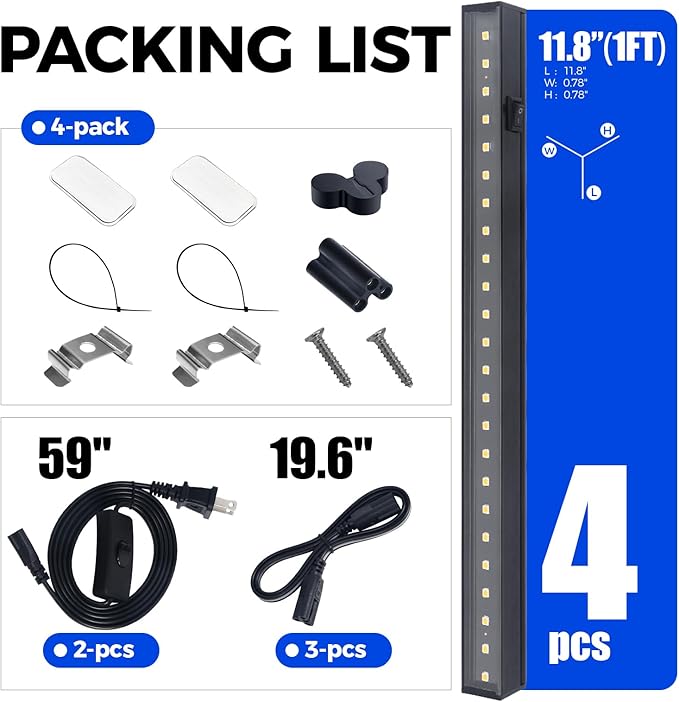 Barrina T5 Grow Lights for Indoor Plants, Full Spectrum Grow Light, 1ft LED Plant Light, Black Cover LED Grow Light Strips, 3 Mounting Modes, Magnetic Installation, Plug and Play, 5000K, 4 Packs