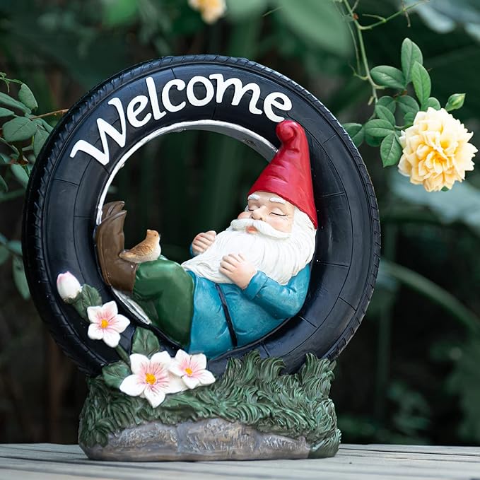 WONDER GARDEN Gnome Garden Decor for Outside - Welcome Gnome Solar Powered LED Light Outdoor Decor, Gnomes Statues Outdoor Funny Resin Garden Sculpture Decorations for Patio, Lawn
