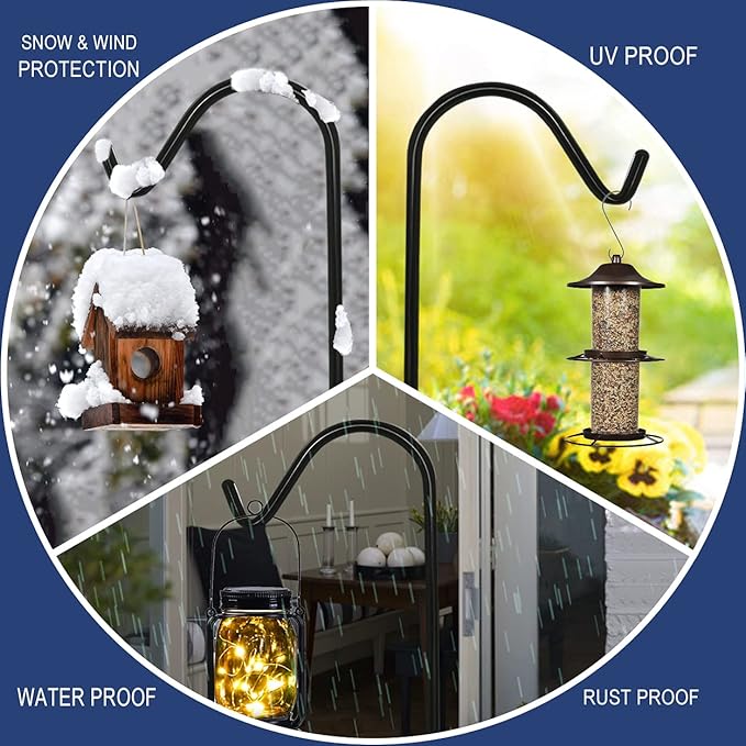 Shepherds Hook for Outdoor Bird Feeders Pole 92 Inch Tall, Adjustable Heavy Duty Garden Hanger Stake Pole with 5 Prong Base, Shiny Black (2 Packs)