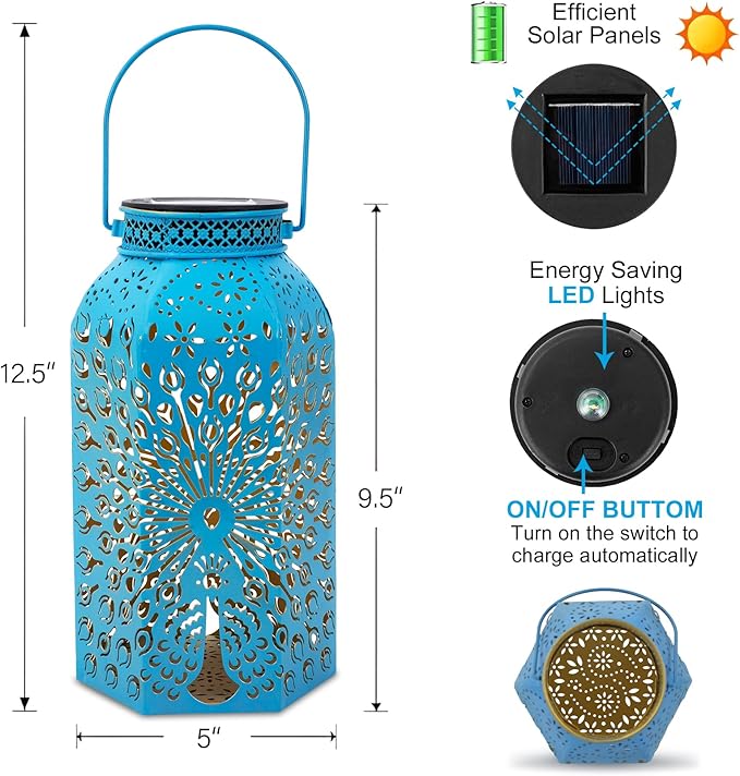 Pearlstar Solar Lanterns Outdoor Waterproof Hanging Solar Lights Metal Peacock Gifts for Women Mom Grandma Decor for Garden Yard Patio Balcony Path