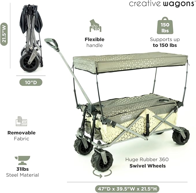 Creative Outdoor All-Terrain Deluxe Wagon | 360 Swivel All Terrain Wheels | Great for Beach, Park, Garden & Tailgate | Multiple Color Options