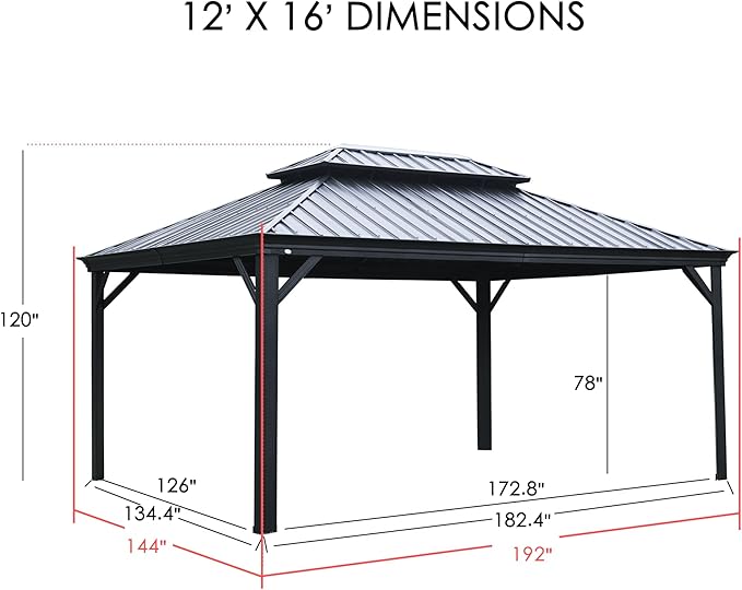 Kozyard Alexander 12' X 16' Hardtop Permanent Aluminum Metal Gazebo with Galvanized Steel Double Roof Canopy, Curtain and Netting Pavilion for Patio, Backyard, Deck, Lawn (Gray)