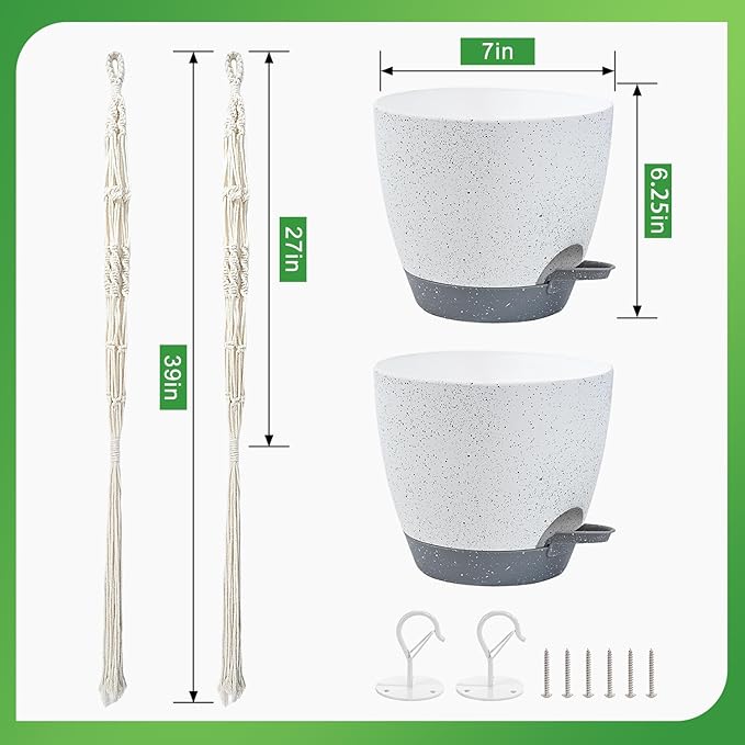 2 Pack Self Watering Hanging Planters Indoor Flower Pots, 6.5 Inch Hanging Pot Macrame Hanging Plant Holders with 2 Hooks Drainage Holes for Garden Home