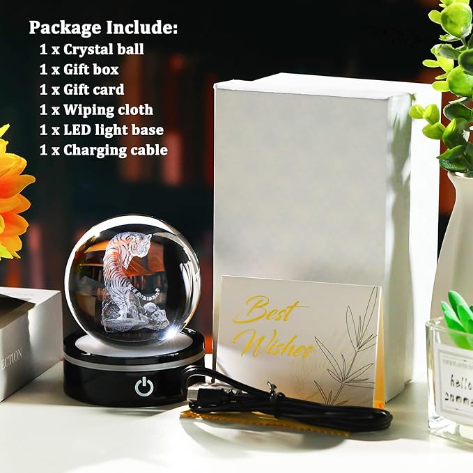 YWHL 3D Tiger Figurine Crystal Ball with Colorful Light Base, Tiger Gifts for Women Men, 3D Laser Engraved Full Sphere Glass Decorative Ball for Home Office (80mm)