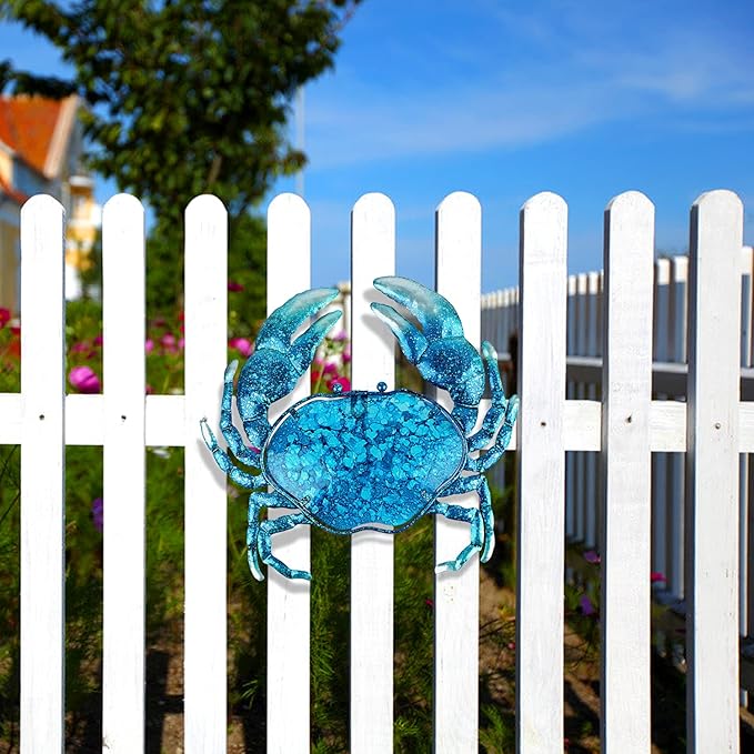 John's Studio Crab Wall Decor Outdoor Metal Bathroom Hanging Art Glass Blue Ocean Theme Decorations for Home, Pool and Patio