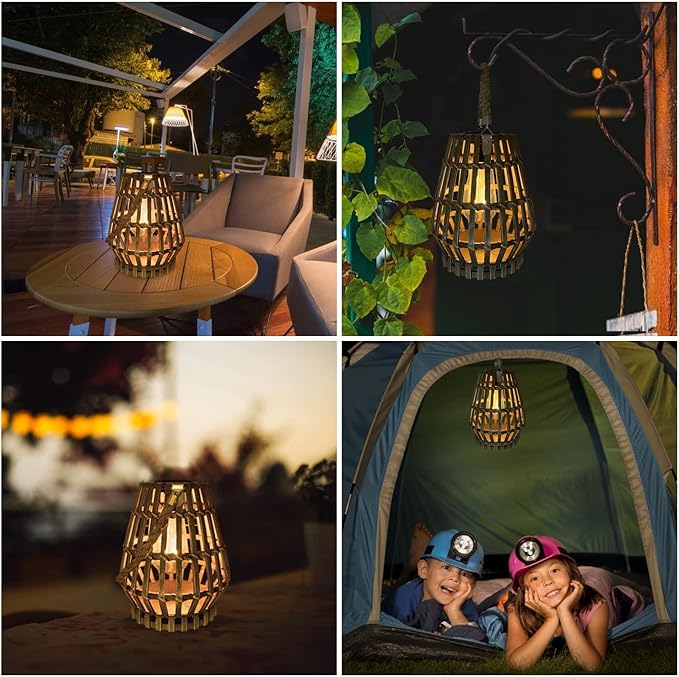 Solar Hanging Lantern Outdoor , Waterproof Natural Bamboo Lanterns with Handle Edison Bulb Design Solar Table Lamp Lights Decoration for Courtyard Patio Garden Farmhouse