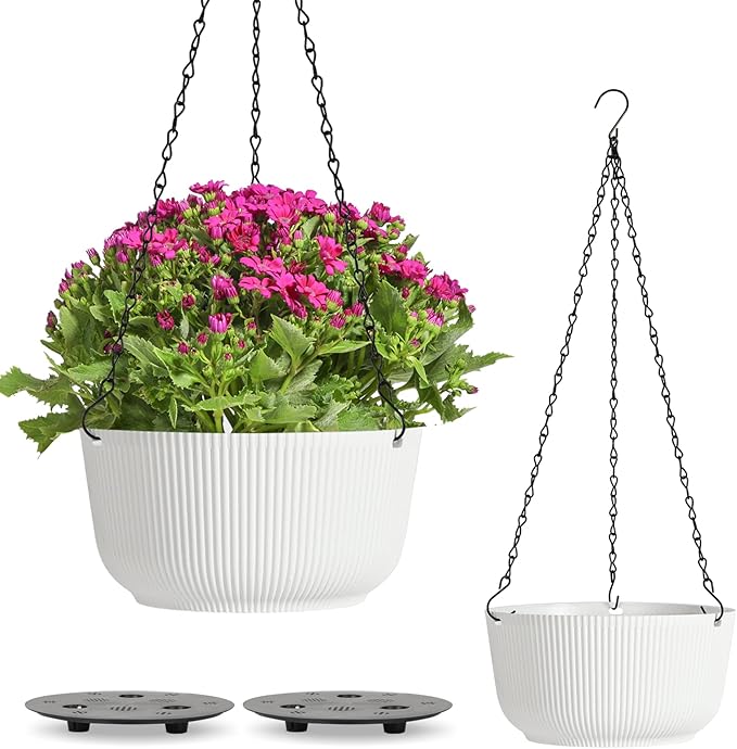 T4U Hanging Planter Self Watering 8 Inch, 2 Pack White Indoor Outdoor Hanging Plant pots, Hanging Flower Pot with Drainage Hole & Plug & Chain with 3 Hooks for Garden Home Decor