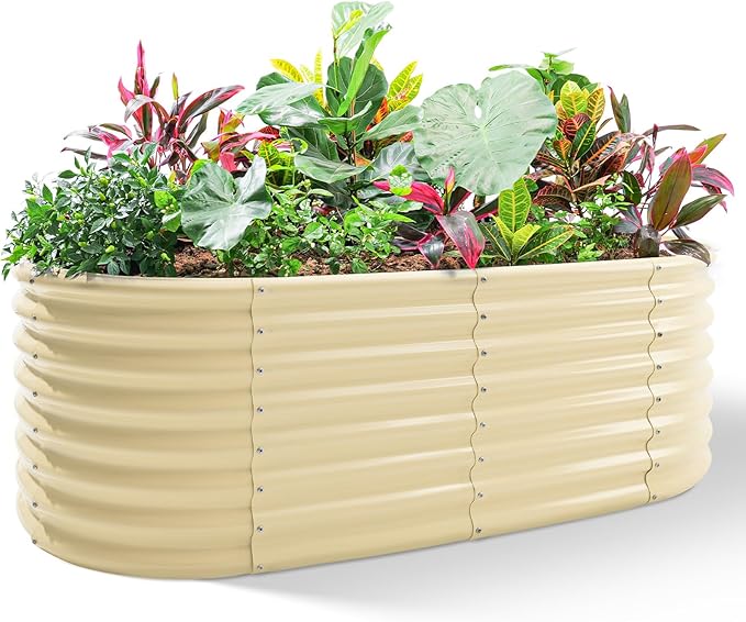 Land Guard 24“ Tall 4×2ft Galvanized Raised Garden Bed Kit, Galvanized Planter Garden Boxes Outdoor, Oval Large Metal Raised Garden Bed for Vegetables (Cream Yellow, 4×2×2ft)