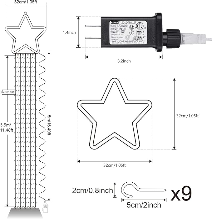 Toodour Christmas Decorations Outdoor Star Lights, 317 LED 10ft X 9 Waterfall Tree Lights with 12" Topper Star, 8 Lighting Modes Outside Christmas Lights for Yard Garden Holiday Decor (White)