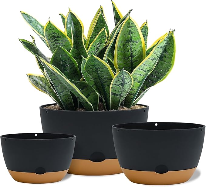 12 Inch Pots for Indoor Plants, Large Self Watering Planters with Drainage and Saucers, Plastic Outdoor Flower Pot, Set of 2, Grey