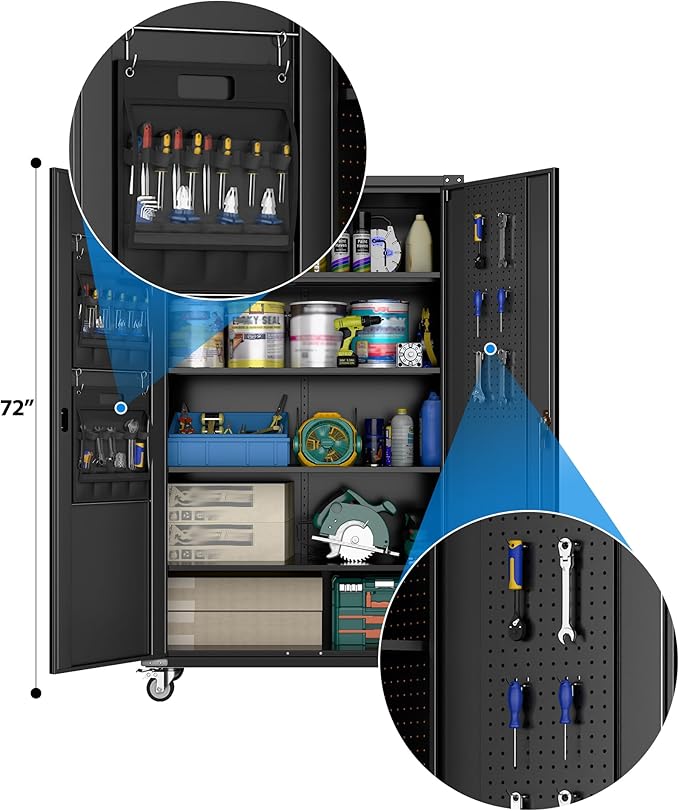 Upgraded Wide & Deep Extra Large Metal Storage Cabinet on Wheels,Lockable Garage Cabinets with 3 Pegboards,2 Tool Pouches for Garage,Office,Assembly Required,Black,43.3''W x 21.6''D x 72''H