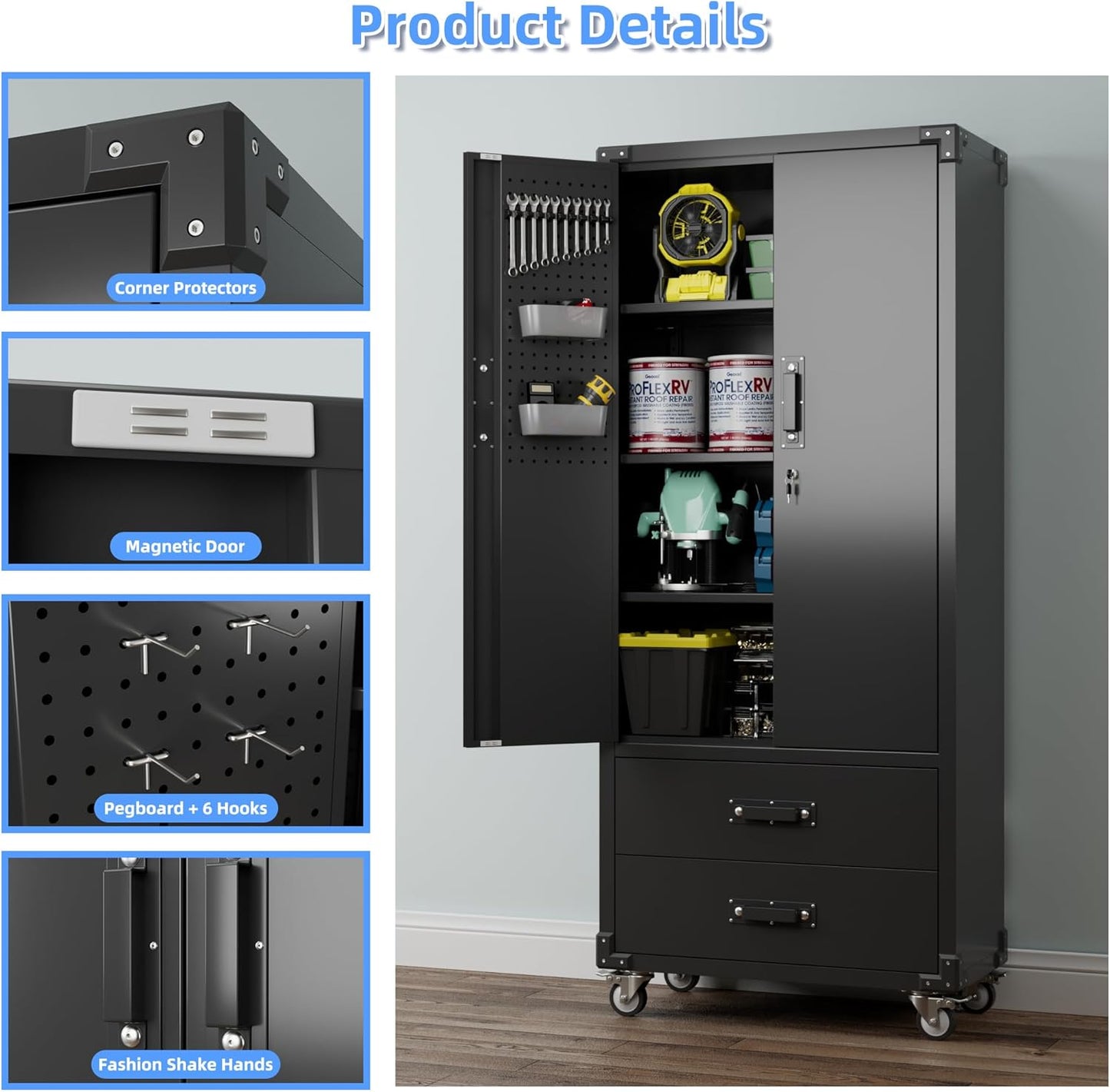 Upgraded Metal Garage Storage Cabinet with Wheels and 2 Drawers, Rolling Tool Cabinet with 3 Shelves and Pegboard Behind The Door for Home Office Garage,Assembly Required,Black