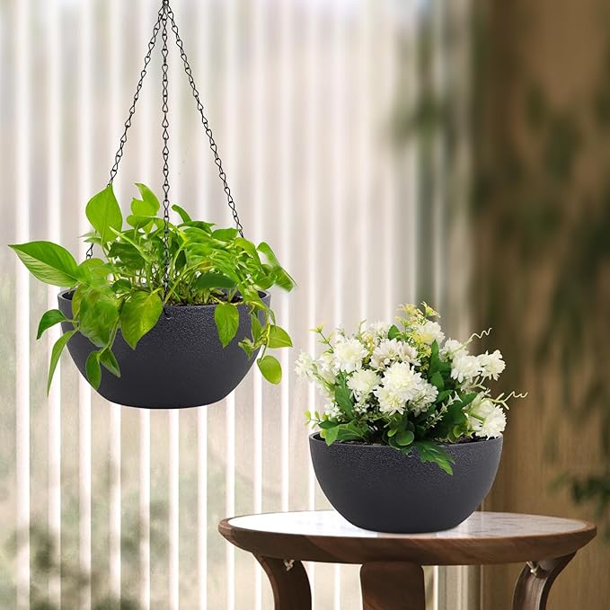 12 inch Large Hanging Planters for Indoor Outdoor Plants, 2 Pack Hanging Flower Pots with Drainage Holes and Chain for Garden Porch Plants, Plastic Hanging Baskets for House Plants, Black