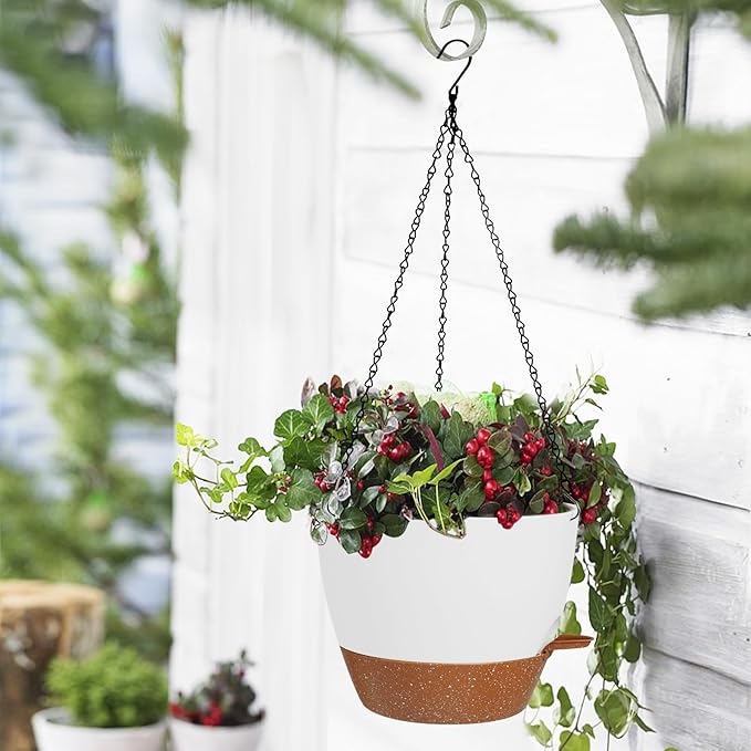 10/9/8 Inch Hanging Planter for Indoor Outdoor Plants, 3 Pack Self-Watering Hanging Pot with Drainage Holes Hanging Planter Baskets Plant Pots with Removable Tray (White+Brown)