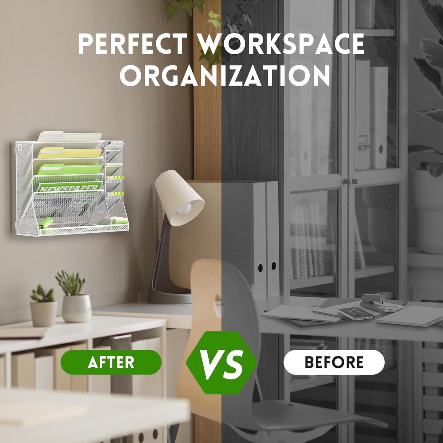 SUPEASY Wall File Organizer, 5-Tier Desk Organizer with 4 Pen Holders, Wall Organizer for Office with R-shaped Bottom Tray, Desk Organizers and Accessories for Office Supplies, White