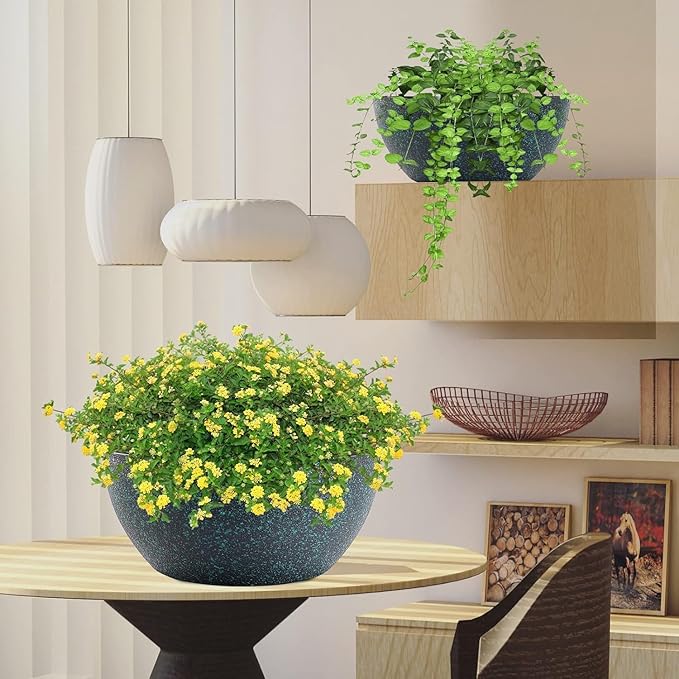 10inch Hanging Planters for Outdoor Indoor Plants with Drainage Holes and Chain, 2 Pack Round Hanging Flower Pots for Garden Home Porch Decor, Black with Green Speckles