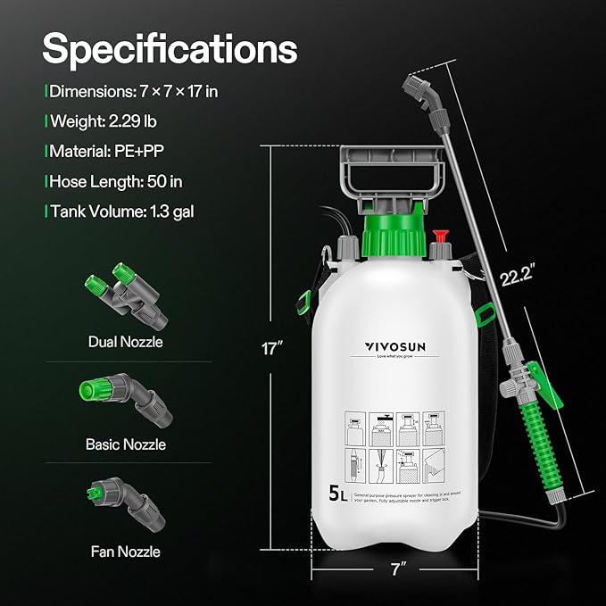 VIVOSUN Pump Sprayer 1.35 Gallon, Portable Water Spray Bottle in Lawn and Garden Yard, Weed Sprayer for Plants with 3 Nozzles, Adjustable Shoulder Strap, Pressure Relief Valve