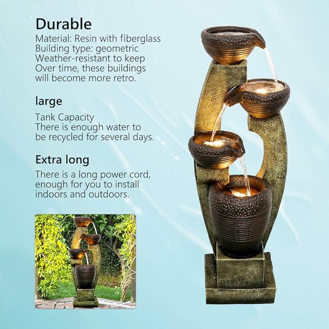 Naturefalls 40” H Modern Outdoor Fountain - 4 Crocks Outdoor Garden Fountains with Contemporary Design&LED Light for Garden, Patio, Deck, Porch, Backyard and Home Art Decor (40in, Light Gray)