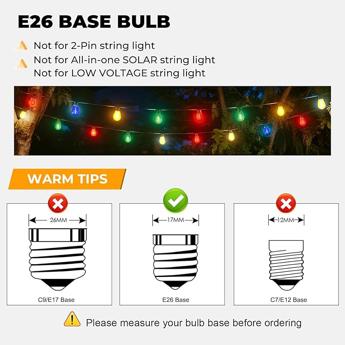 36 Pack LED S14 Colored Light Bulbs for Outdoor String Lights, Shatterproof 1W Replacement Bulbs for Party Lights, 2200K Warm White, Dimmable, E26 Base, Multi-Color: Red/Green/Blue/Orange