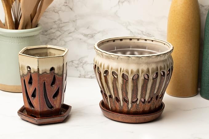 rePotme 4 x 6 inch Ceramic Orchid Pot (Sky Blue Over Cobalt) - Hexagon Orchid Pot with Holes