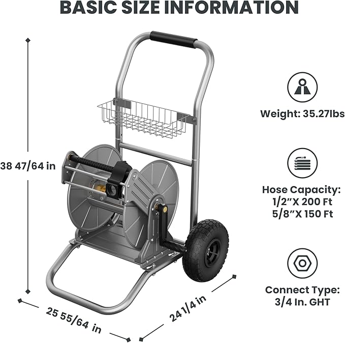 Giraffe Tools Garden Hose Reel Cart with Wheels, Heavy Duty Metal Water Hose Reel Cart, 200 ft of 1/2 Capacity, Mobile Hose Reel Cart for Outside