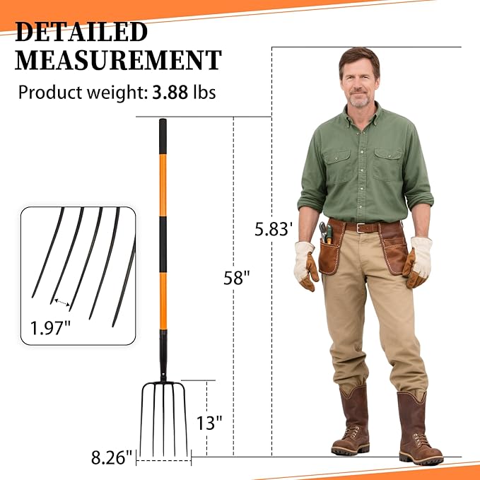 5 Tine Pitchfork for Gardening, Heavy Duty Pitchfork with Fiberglass Handle, Garden Fork for Mulching, 58 Inches