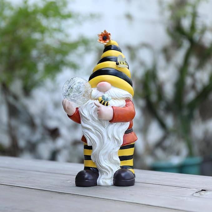 Solar Garden Gnome Statue, Resin Bee Gnome Figurine with Flower and Crackle Glass Globe Lights for Outdoor Decor, Porch Patio Yard Decorations, Garden Gifts for Mom