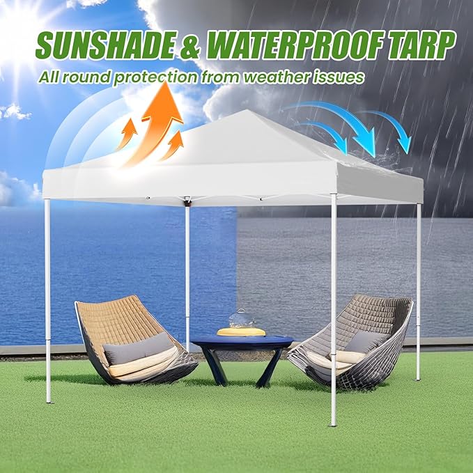 Shades 10x10 Pop Up Canopy,Heavy Duty Beach Tent with Carrying Bag for Easy Moving,Sun Shelter for Parties,Events,Camping,Outdoor Gazebo with 420D PU Coated Waterproof White Fabric,4 Sandbags