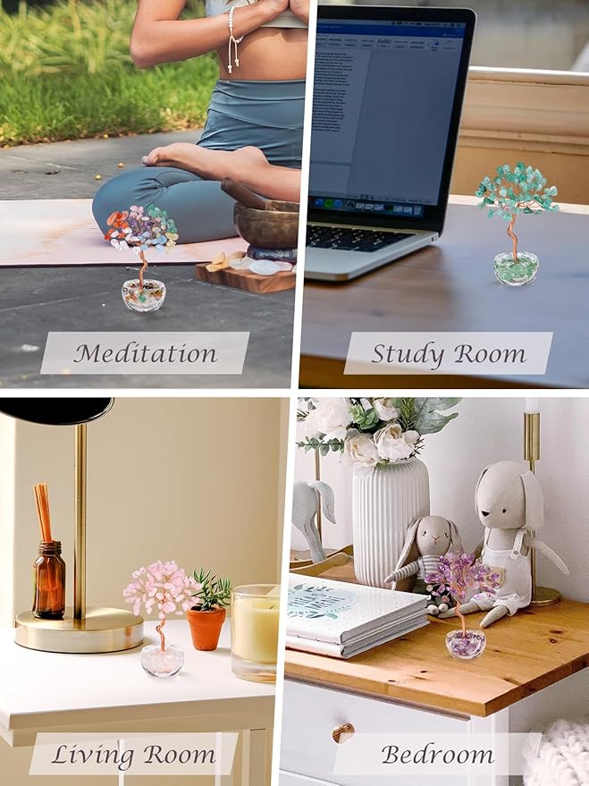 Jovivi Small Rose Quartz Crystal Tree, Natural Crystal Healing Stones Tree Glass Bowl Base Gemstone Money Trees Feng Shui Good Luck Home Desk Decor