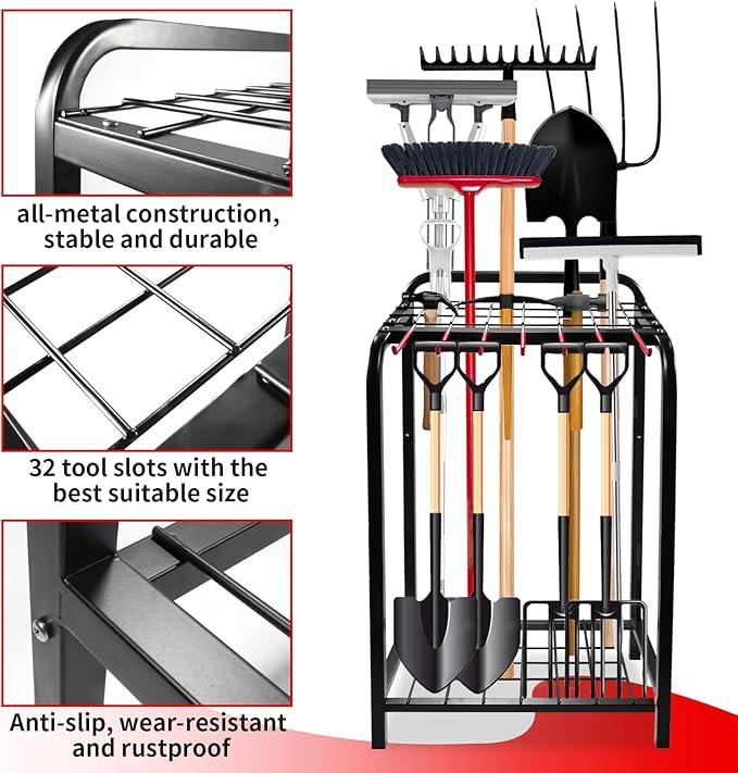 Trieez Garden Tool Organizer for Garage, Yard Tool Organizer with Hooks for Garage Organization and Storage - Sturdy Yard Tool Holder, Tool Rack for Shed, Outdoor, Tool Stand