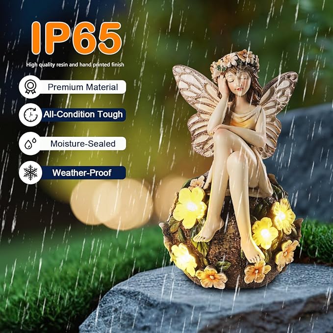 Solar Fairy Statue Sitting on The Flower Ball Light 6.8" Angel Statues for Garden Yard Patio Porch Lawn Decor Resin Fairy Figurine Outdoor Waterproof Angel Gifts for Women Mom Sister