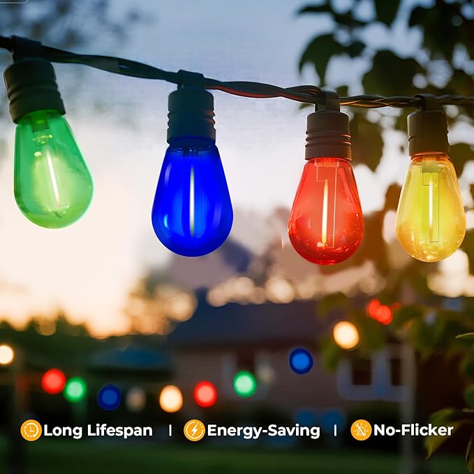 36 Pack LED S14 Colored Light Bulbs for Outdoor String Lights, Shatterproof 1W Replacement Bulbs for Party Lights, 2200K Warm White, Dimmable, E26 Base, Multi-Color: Red/Green/Blue/Orange