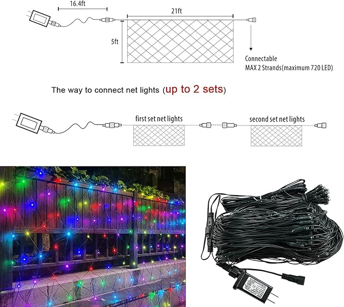 Colorful Christmas Net Lights Outdoor 8 Modes, 21ft x 5ft Waterproof Mesh Lights Giant 360 LED Net Lights Mulitcolored Fairy String Christmas Lights Connectable for Bushes Tree Garden Home Party