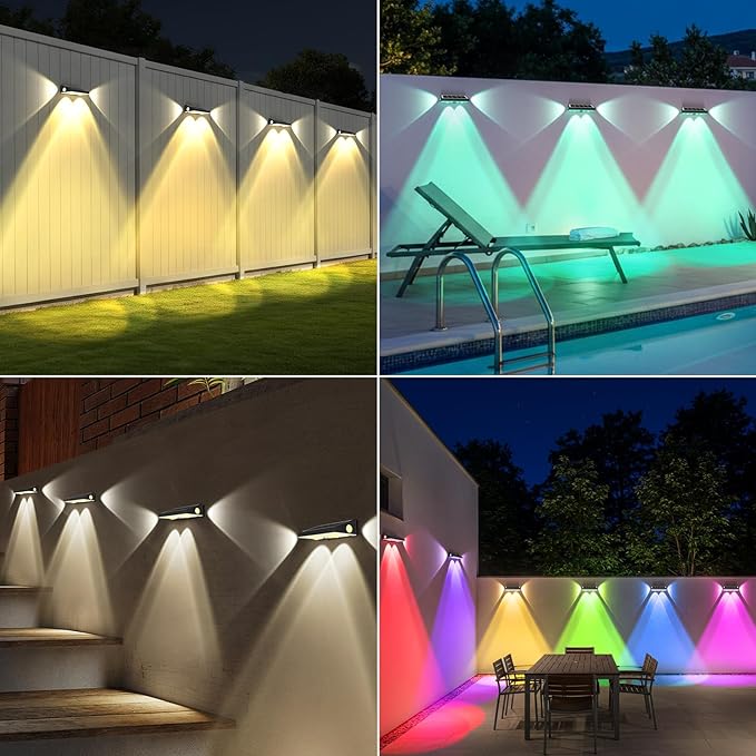 OUTON Solar Fence Lights Outdoor, 3-Side RGBCW Fence Light Solar Powered, 10 Modes Dusk to Dawn Auto ON/Off Deck Lights, IP65 Waterproof Outside Light for Garden Step Patio Backyard Wall, 8-Pack