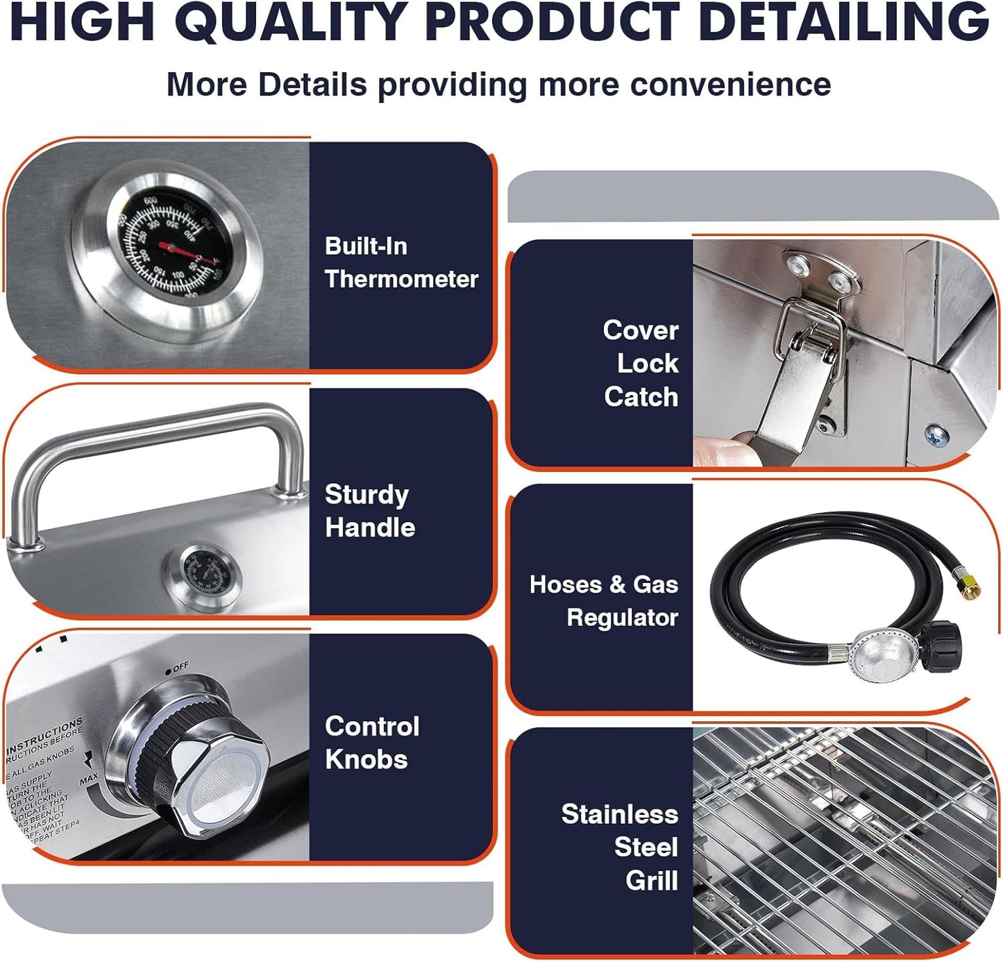 Llamaviva 2 Burners Tabletop Gas Grill, 20,000 BTUs Portable Stainless Steel Propane Grill with Legs for Tailgating, Outdoor Patio Backyard Camping, and RV Trips - food clip