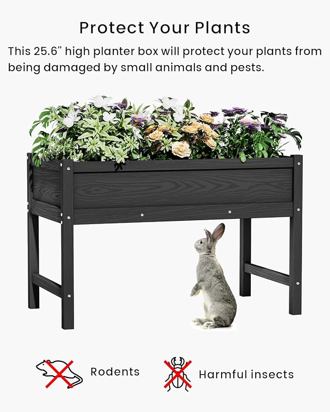 HDPE Raised Garden Bed with Legs, Outdoor Weather-Resistant Elevated Planter Box Stand for Seeds, Herbs, Flowers, Vegetables (Black)