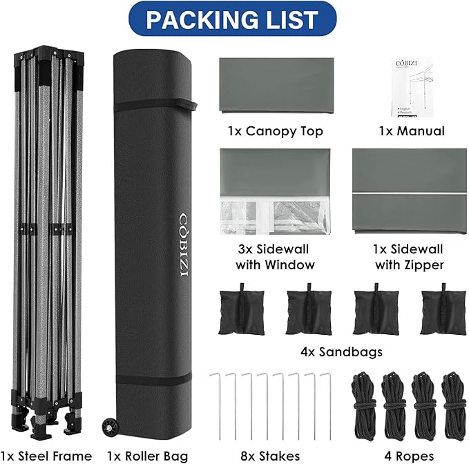 COBIZI 10x10 Pop Up Canopy Tent with 4 sidewalls Commercial Heavy Duty Canopy UPF 50+ All Weather Waterproof Outdoor Canopy Wedding Tents for Parties Gazebo with Roller Bag, Grey (Windproof Upgraded)