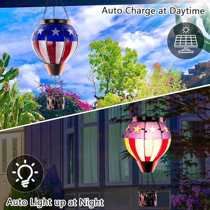 Hot Air Balloon Outdoor Lantern with Flickering Flame, Handmade Glass Solar Lantern with Flag Pattern Waterproof Lantern Lamp for Patio, Garden, Porch