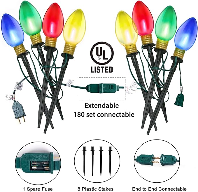 Jumbo C9 Christmas Pathway Lights Outdoor, 2Pk Total 14Ft Outdoor Christmas Decorations with 8 LED Jumbo C9 Clear Multicolor Light Bulbs, Christmas Walkway Lights for Lawn Holiday Yard Garden Sidewalk