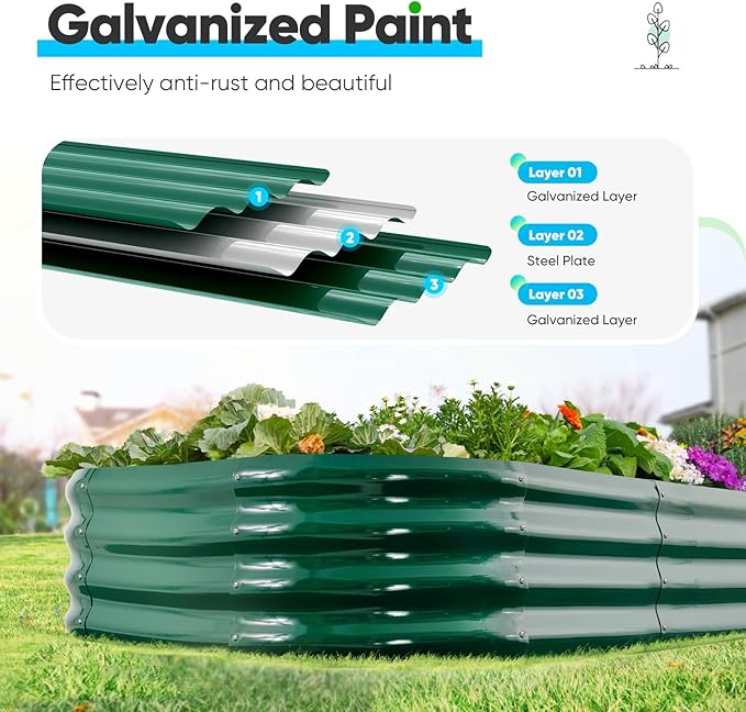 Quictent Raised Garden Bed Kit Oval Galvanized Metal Planter Box for Vegetables Outdoor Backyard, Rubber Strip Edging Included, Dark Green 6x3x2 ft
