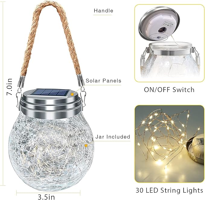 ROSHWEY Solar Lantern, 2 Pack Garden Decor Lights Waterproof Outdoor Lanterns with 30 LED Solar Lights Patio Hanging Lights for Backyard Fence Pathway Porch Christmas Decorative, Warm White