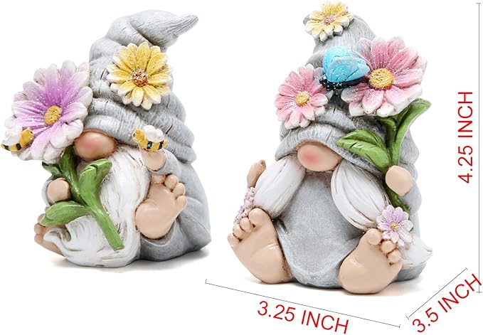 Hodao Set of 2 Spring Gnome Decorations Flower Gnomes Ornaments Decor Summer Gnomes Figurines Spring Gnomes for Outdoor Garden Decor Spring Birthday Gifts for Women, Mom, Grandma (Grey)