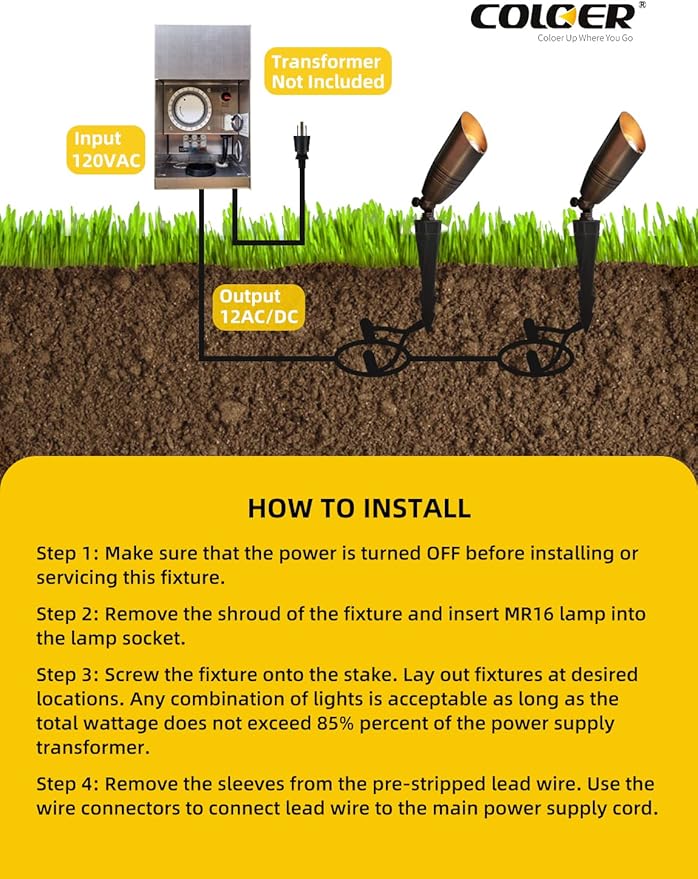 COLOER Die-cast Brass Landscape Spot Lights Outdoor, 12V AC/DC Low Voltage Landscape Lighting Fixture, IP65 Waterproof Directional Uplight Outdoor for Yard(102B,12-Pack Without Bulb)