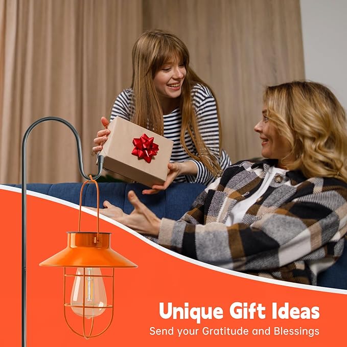 Solar Lights Lantern Lamp with Shepherd Hook, Solar Metal Lanterns, Outdoor Lights Decor,Edison Bulb Lights for Garden ,Outside Decor for Pathways,Patio, Lawn, or Landscaping (Orang)