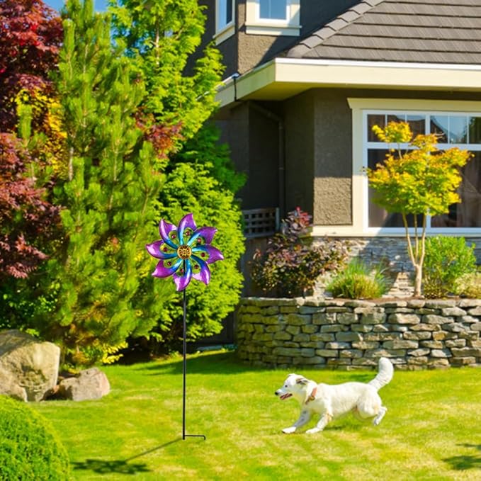 VEWOGARDEN Garden Metal Flower Wind Spinners Outdoor, Kinetic Wind Sculptures & Spinners for Yard Lawn Patio Decorations, Blue-Purple